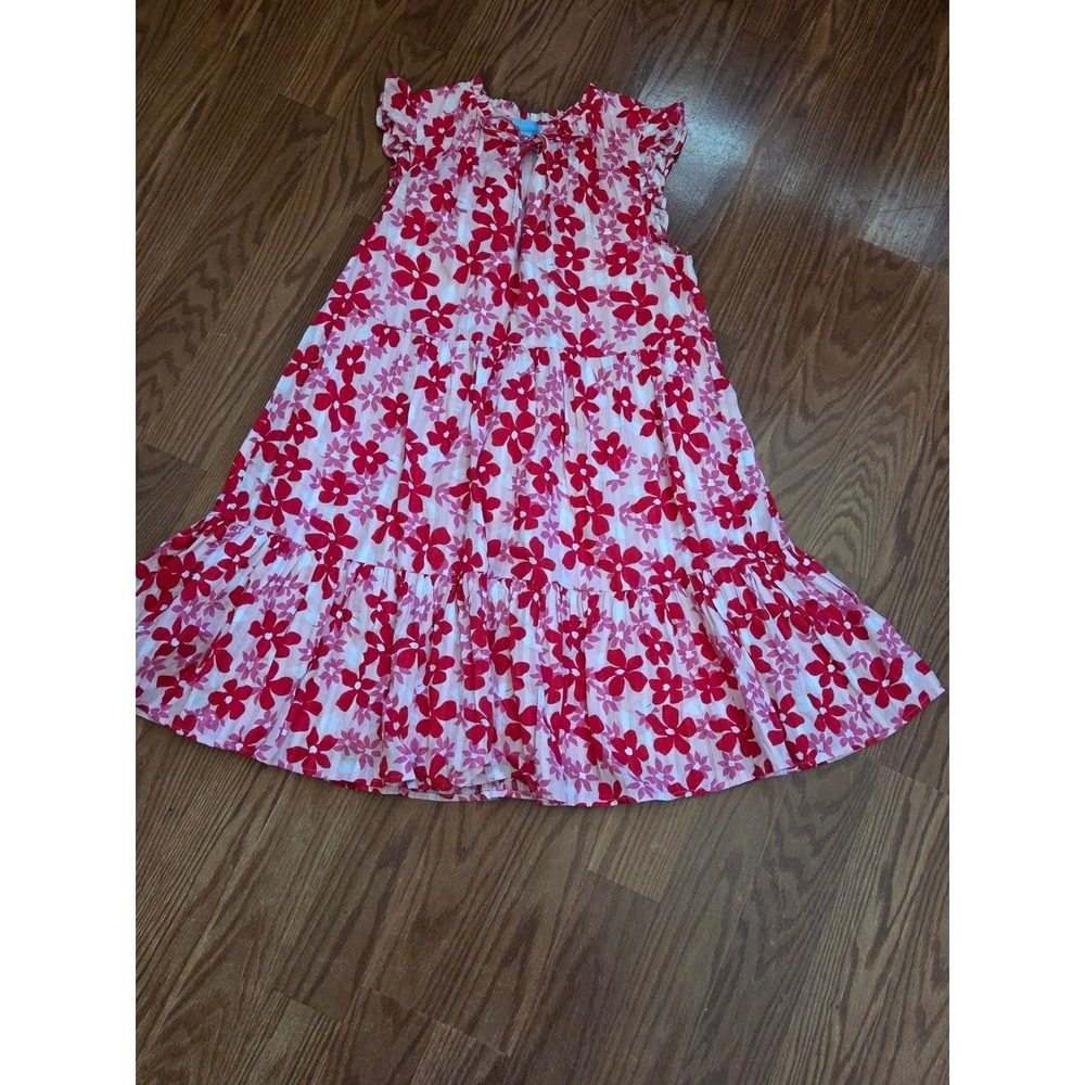 Draper James Pink Red Floral Tiered Midi Dress Sleeveless Ruffle Neck Small
